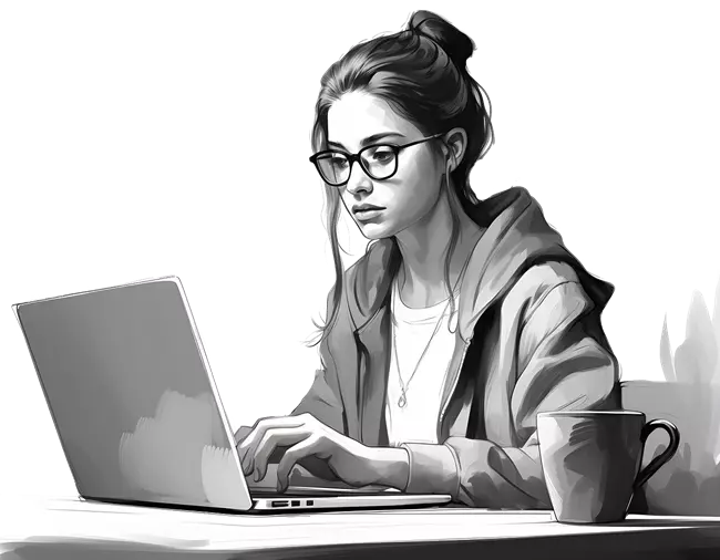 Junge Frau mit Brille am Laptop im Homeoffice