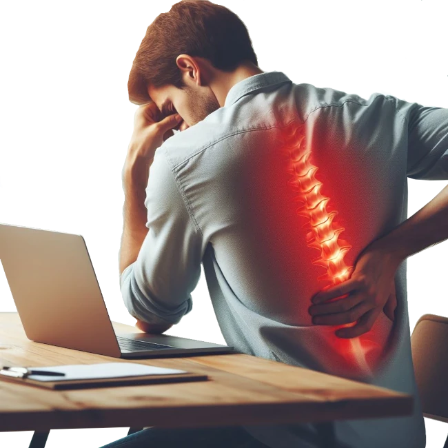 Image - Business Mann mit Rückenschmerzen beim Sitzen - Krank durch Büroarbeit