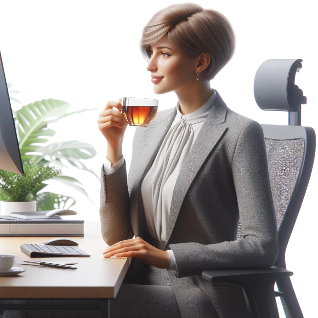 Image - Business Frau am Schreibtisch beim Tee trinken