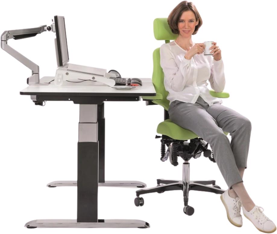 Image ergonomische Arbeitsplatzgestaltung mit dem OneUp Bürostuhl und E-Schreibtisch