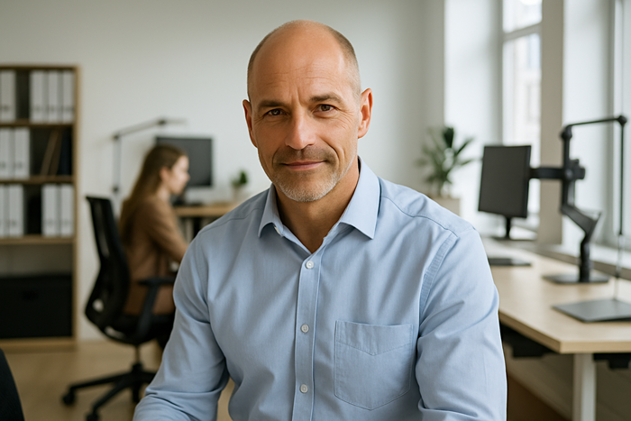 Erfahrener Mann in modernem Büro blickt freundlich in die Kamera, im Hintergrund ergonomischer Arbeitsplatz – Symbolbild für gelebte Erfahrung und Kompetenz in ergonomischer Büroeinrichtung mit Praxisbezug.