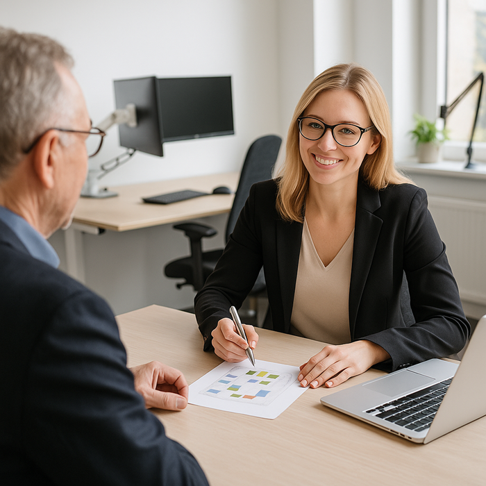 Ergonomieberaterin und älterer Kunde im Gespräch über Büroeinrichtung an einem modernen Arbeitsplatz – Symbolbild für gemeinsame Planung ergonomischer Einrichtung mit fachlicher Expertise.