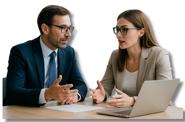 Geschäftsfrau und Geschäftsmann in angeregter Besprechung an einem modernen Arbeitsplatz – Symbolbild für professionelle Kommunikation und partnerschaftliche Zusammenarbeit im Business-Kontext.
