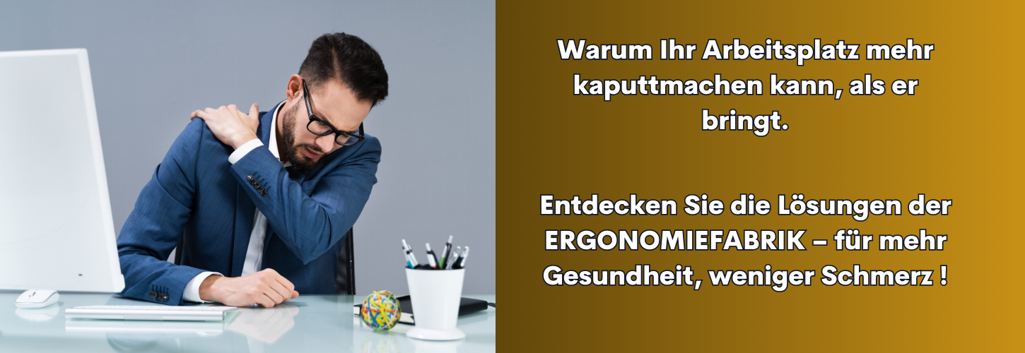 Header - Blogbeitrag "Büro gesund gestalten" Bild zeigt Business Mann mit deutlichen Schulterschmerzen