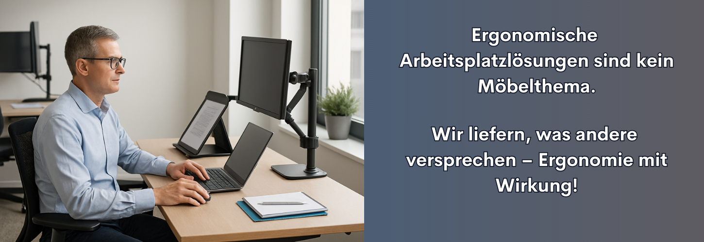 Mittelalter Mann arbeitet konzentriert an einem ergonomisch ausgestatteten Arbeitsplatz mit Monitorhalterung, Dokumentenhalter und Steh-Sitz-Tisch – Symbolbild für moderne, ganzheitliche Ergonomische Arbeitsplatzlösungen.