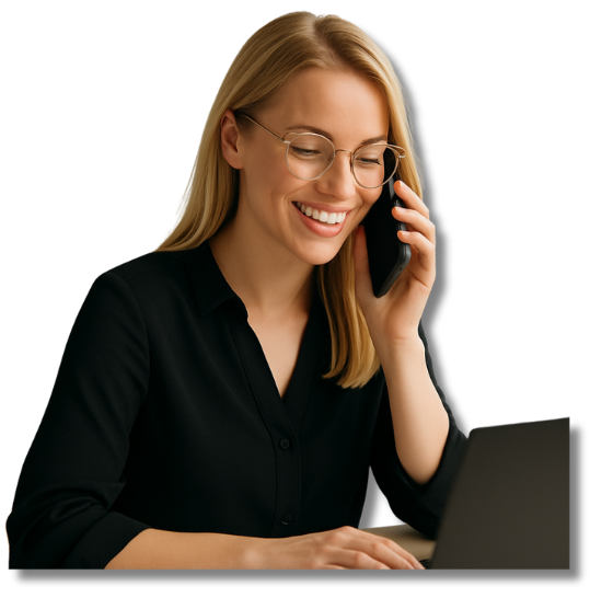 Junge blonde Frau mit Brille sitzt an einem Schreibtisch, telefoniert freundlich und arbeitet gleichzeitig am Laptop – Symbolbild für professionelle Kontaktaufnahme und Kundengespräch bei der ERGONOMIEFABRIK.