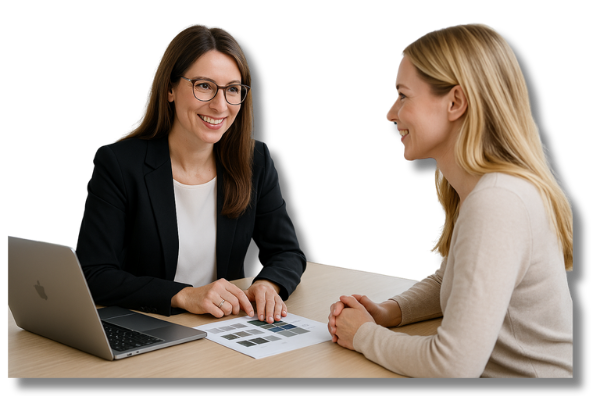 Zwei Business-Frauen in einem modernen Büro bei einem Beratungsgespräch an einem ergonomischen Schreibtisch – Symbolbild für professionelle Kontaktaufnahme und individuelle Kontakt ERGONOMIEFABRIK Beratung auf Augenhöhe.