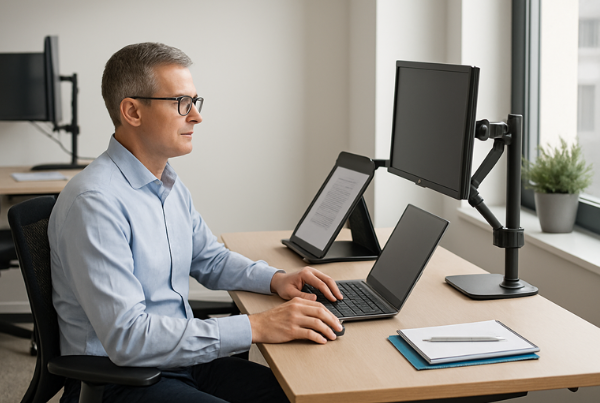 Mittelalter Mann arbeitet konzentriert an einem ergonomisch ausgestatteten Arbeitsplatz mit Monitorhalterung, Dokumentenhalter und Steh-Sitz-Tisch – Symbolbild für moderne, ganzheitliche Ergonomische Arbeitsplatzlösungen.