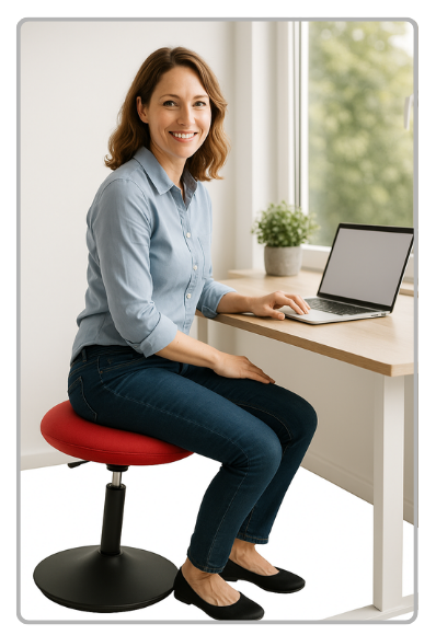 Frau sitzt auf einem ergonomischen Hocker und praktiziert dynamisches Sitzen am Arbeitsplatz zur Förderung von Rückenschonendes Sitzen im Büro.